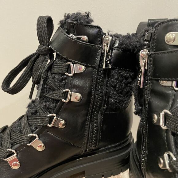 Black Boots Women’s size 7 Combat Moto Biker Goth Faux Leather Shearling NWOT - Picture 6 of 13